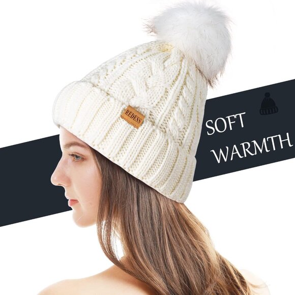 Women Winter Pompom Beanie Hat with Warm Fleece Lined, Thick Slouchy Snow Knit S - Picture 3 of 6